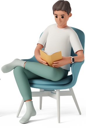 Boy sitting in chair and reading a book