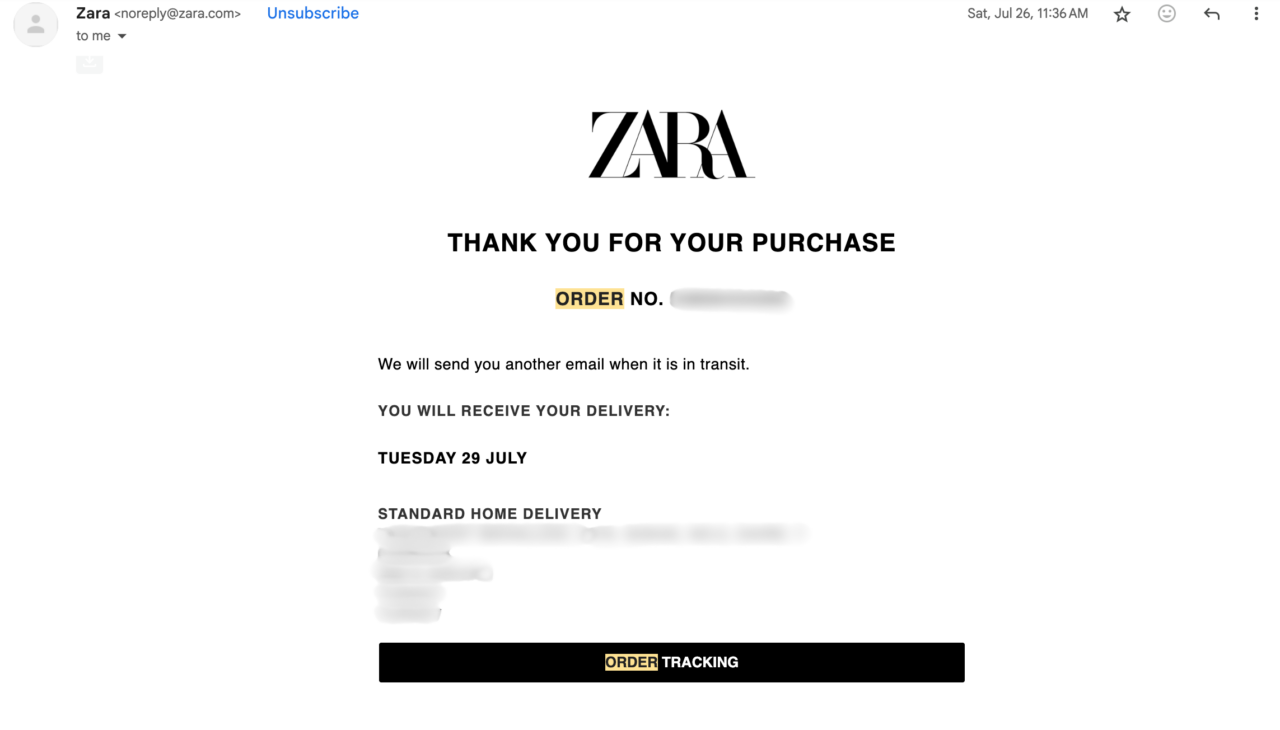 order confirmation email as an example to notification emails