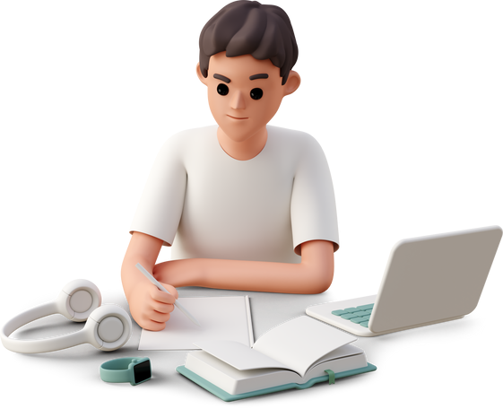 young man surrounded by gadgets writing notes