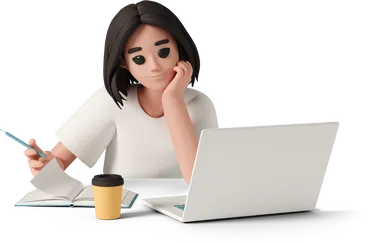 young women writing notes with a laptop on table