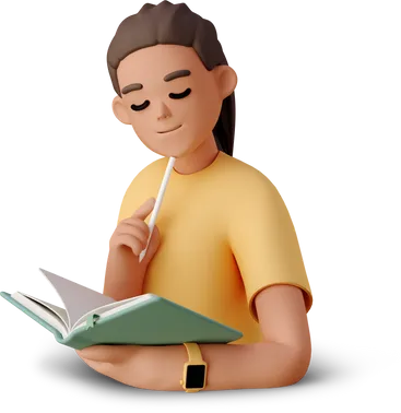 young woman writing dissertation and holding pen