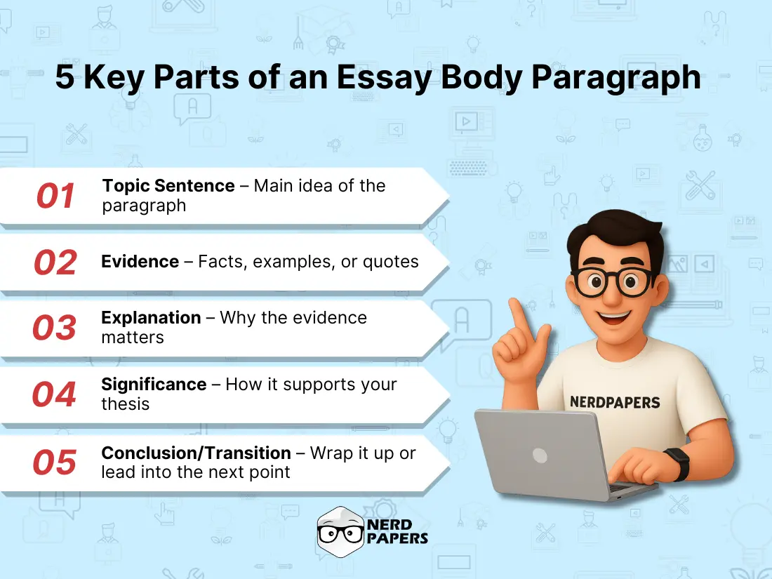 infographic showing 5 parts of an essay body paragraph including topic sentence, evidence, explanation, and transition