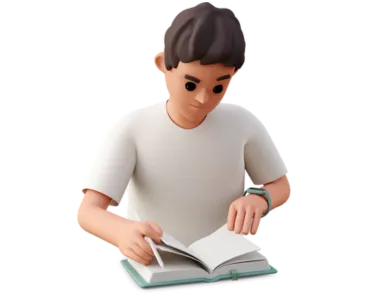 young man reading book and holding pen