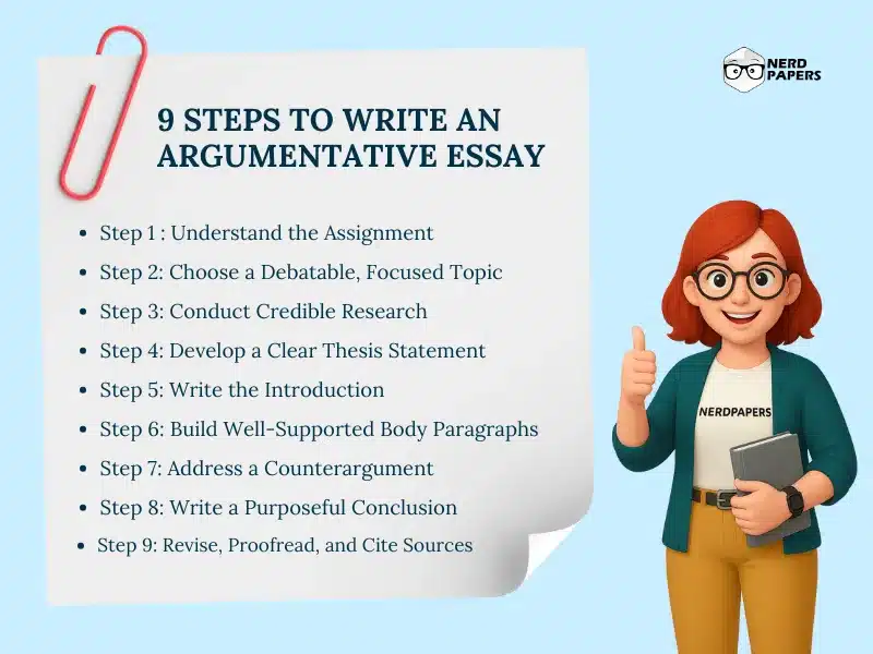 9 steps on how to write an argumentative essay for students.