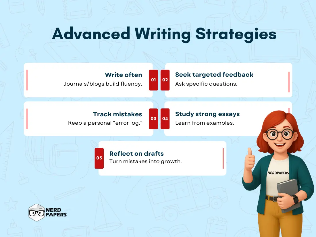 Advanced essay writing strategies – writing often, seeking feedback, tracking mistakes, studying strong essays, and reflecting on drafts.
