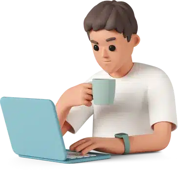 man working on a laptop and drinking coffee
