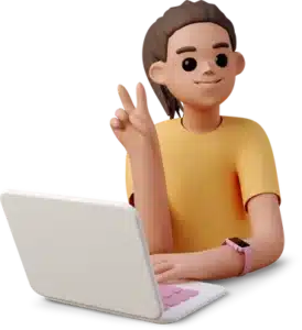 young women working on laptop and showing v sign