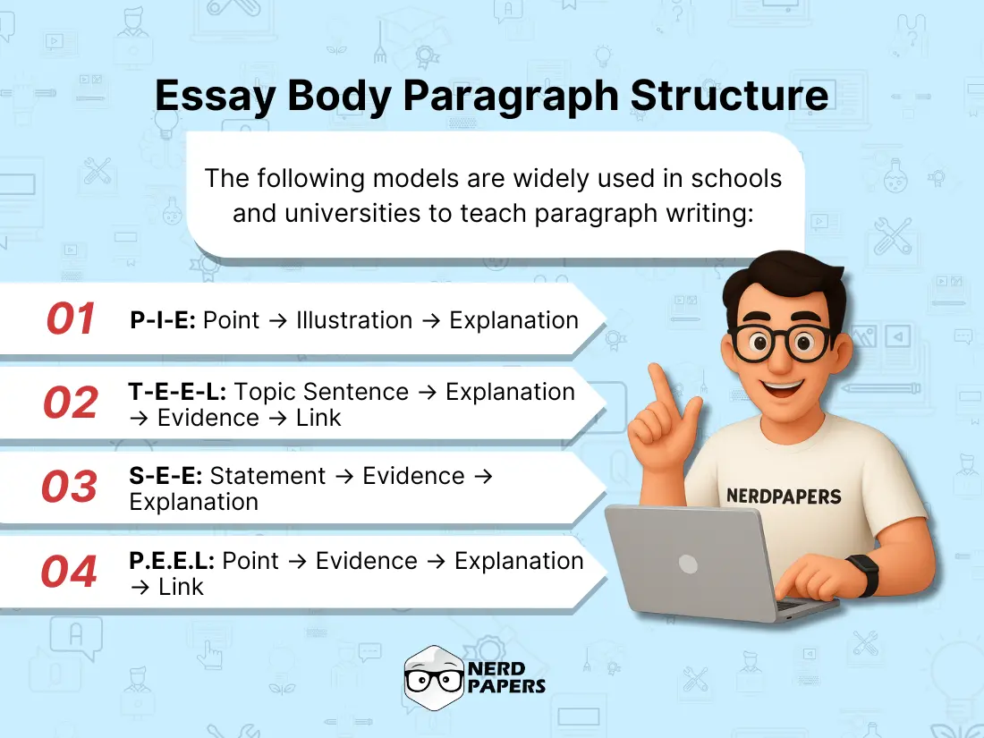 visual showing essay paragraph structures like PIE, TEEL, SEE, and PEEL with breakdowns