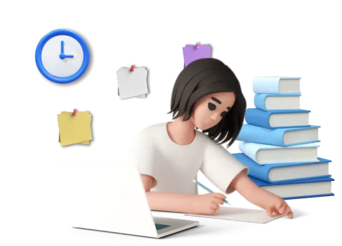 expository essay writing service girl writing on a paper with laptop at the side and stack of books.