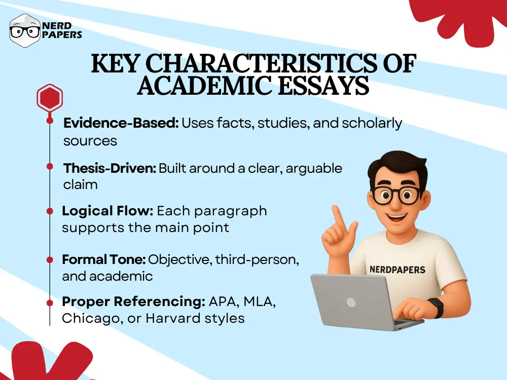 infographic displaying key features of academic essays including thesis-driven structure, formal tone, and evidence use