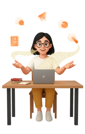 A friendly writer from Nerdpapers sitting on a beanbag with a laptop, working on a narrative essay writing service project.