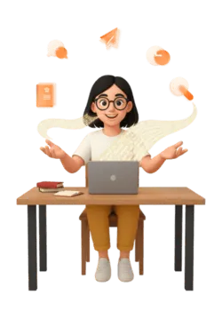 A friendly writer from Nerdpapers sitting on a beanbag with a laptop, working on a narrative essay writing service project.