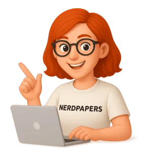 Nerdpapers essay writer smiling and pointing while working on a laptop.