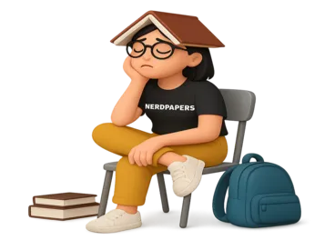 tired female student sitting with book on head