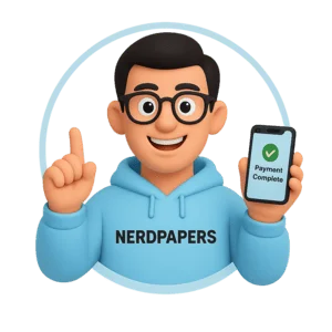 Smiling writer holding phone with “Payment Complete” message, ready to start writing your essay.