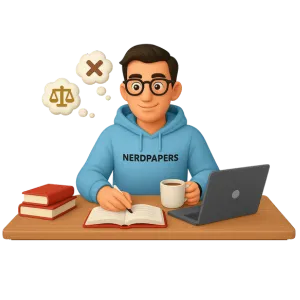 Professional writer thinking and writing an argumentative essay at desk.